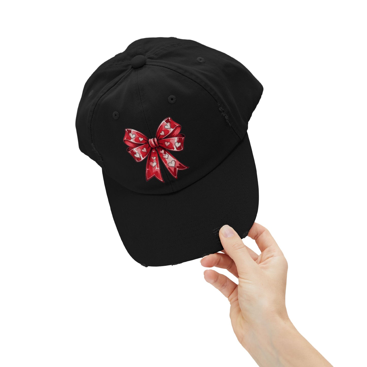 Red Hearts Bow Unisex Distressed Cap