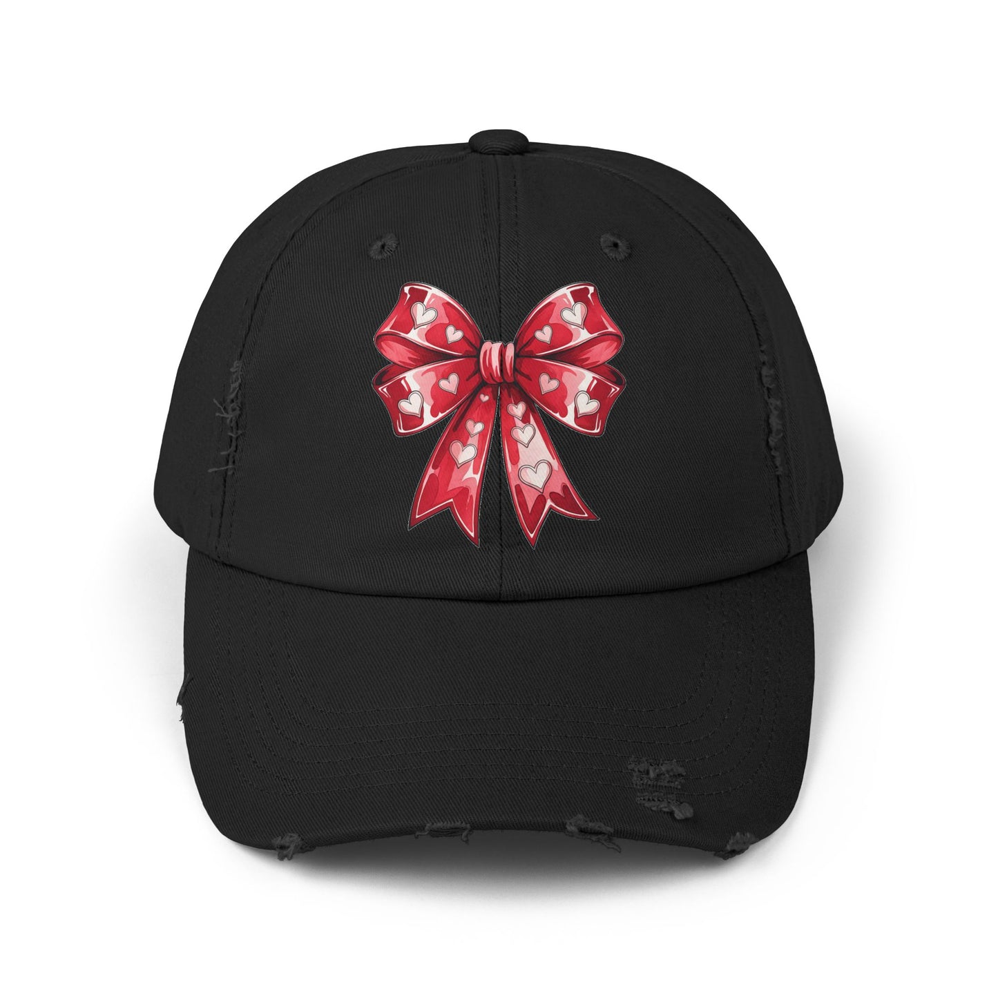 Red Hearts Bow Unisex Distressed Cap