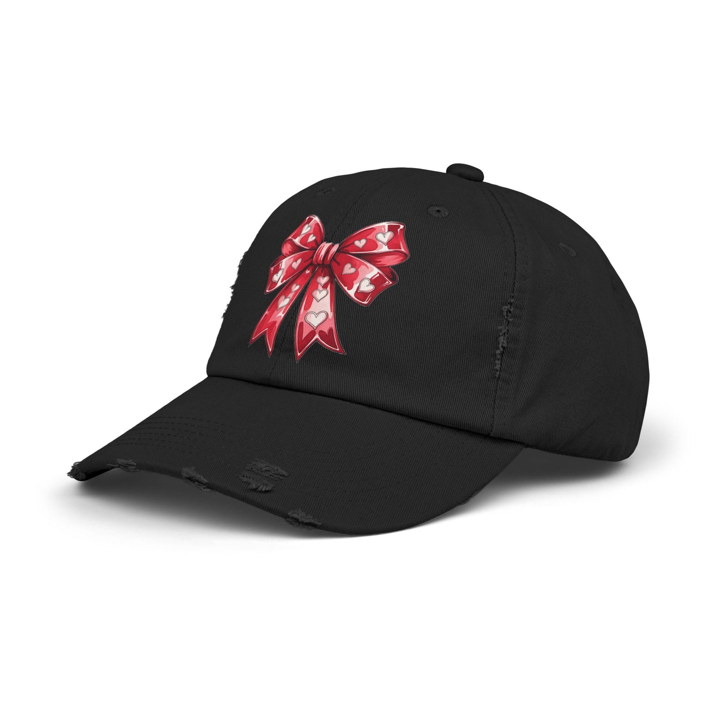 Red Hearts Bow Unisex Distressed Cap