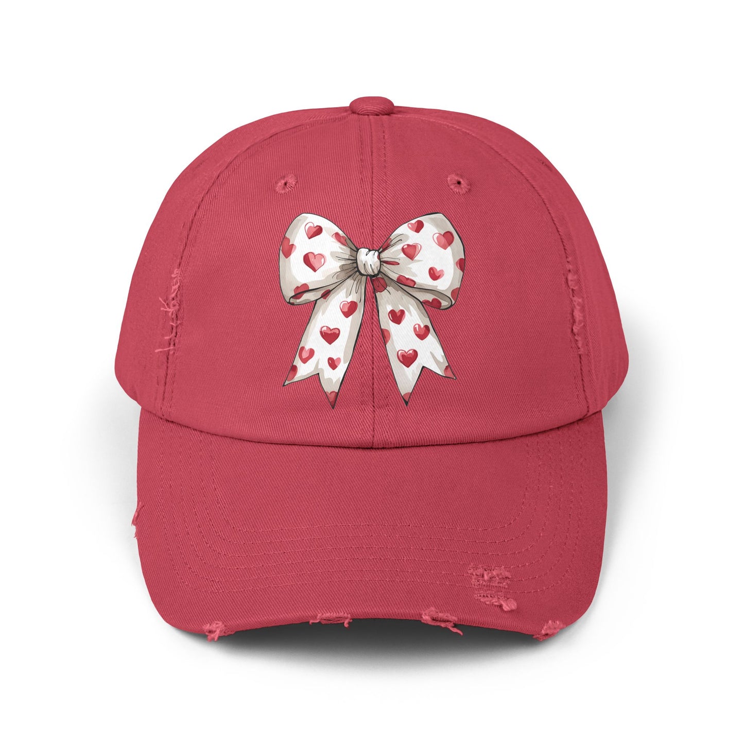 White Hearts Bow Unisex Distressed Cap