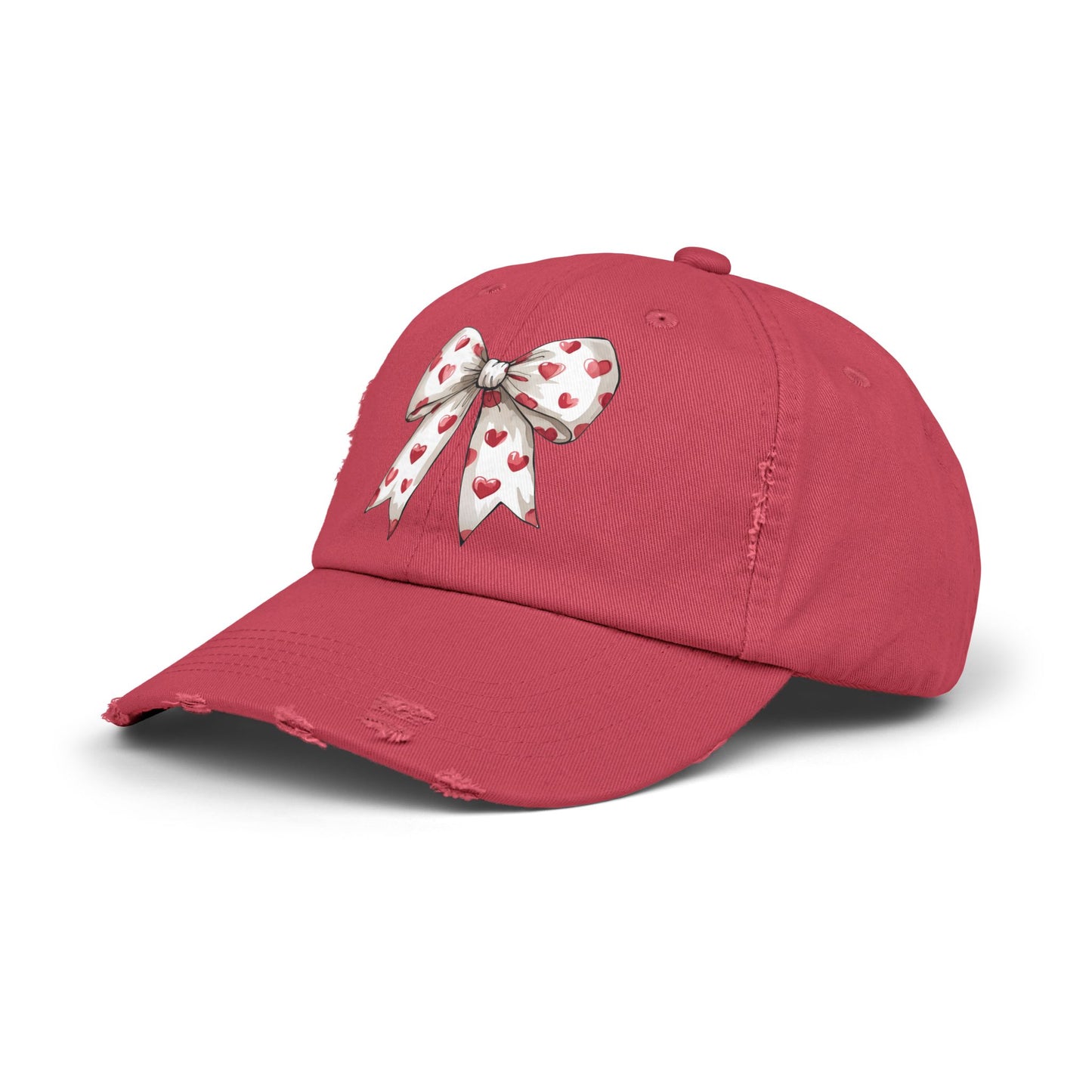 White Hearts Bow Unisex Distressed Cap
