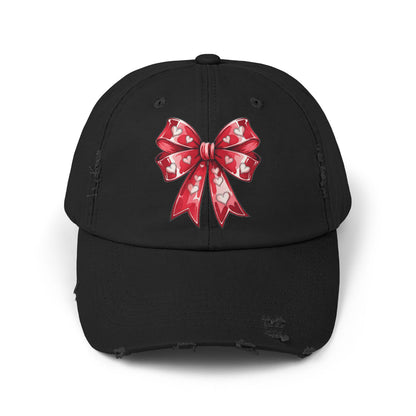 Red Hearts Bow Unisex Distressed Cap