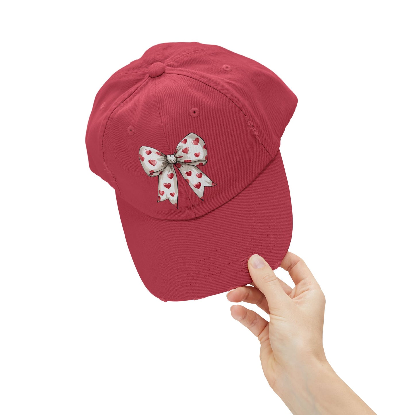 White Hearts Bow Unisex Distressed Cap