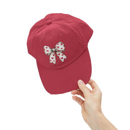 White Hearts Bow Unisex Distressed Cap