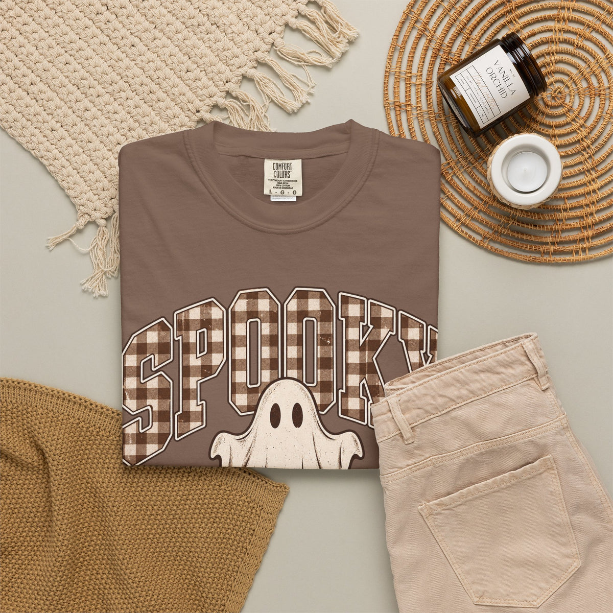 Spooky  Ghost Plaid Brown Dyed T-Shirt