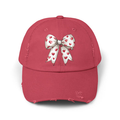 White Hearts Bow Unisex Distressed Cap