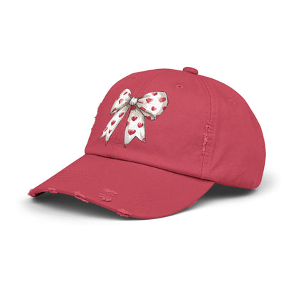 White Hearts Bow Unisex Distressed Cap