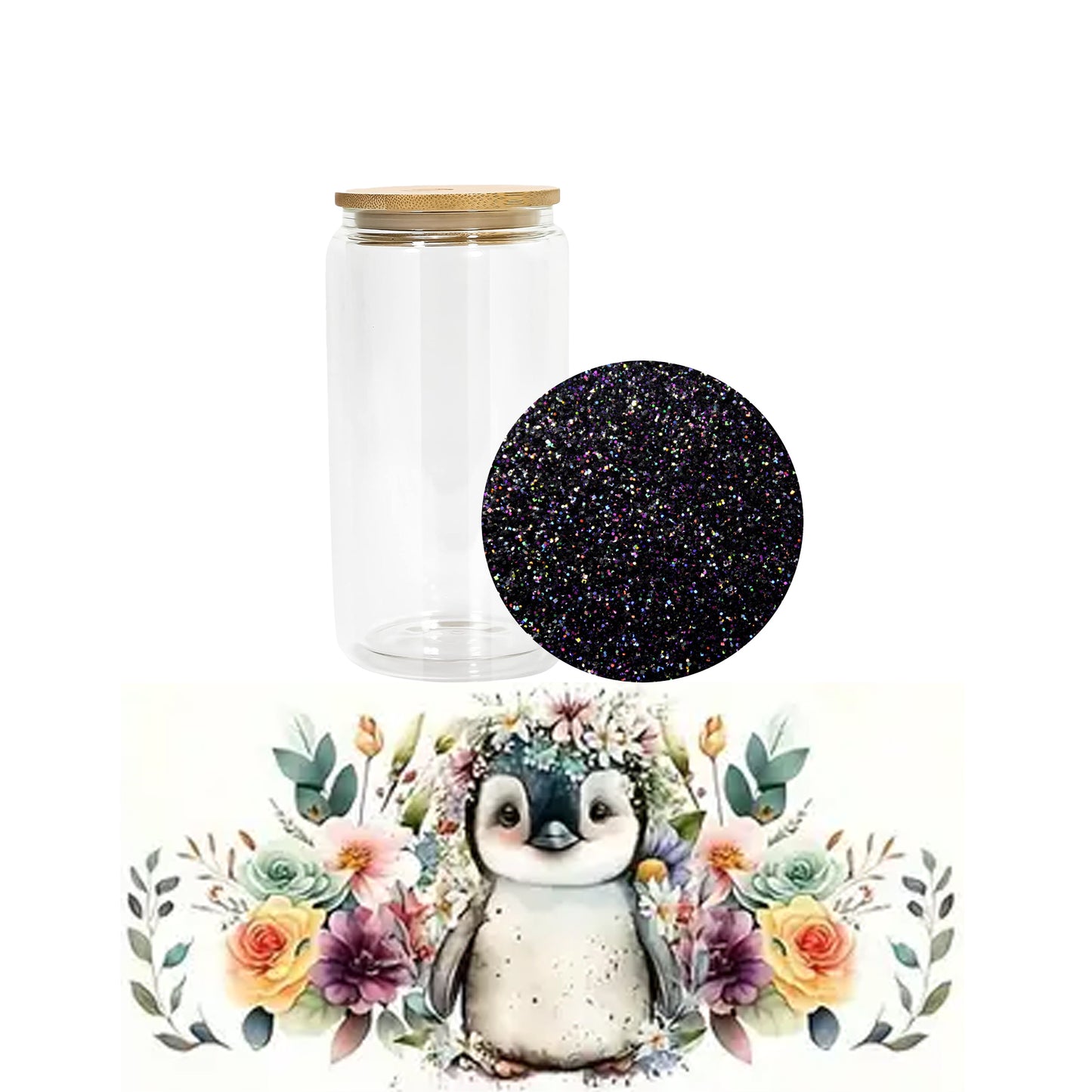 Snow Globe Glass Tumbler - Black Glitter Penguin